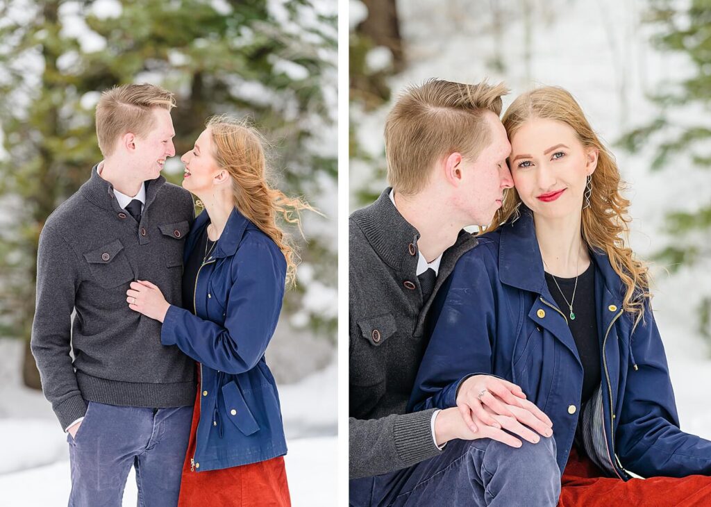 a man and woman wearing winter clothes smile at each other while standing in the snow for their winter engagement photos