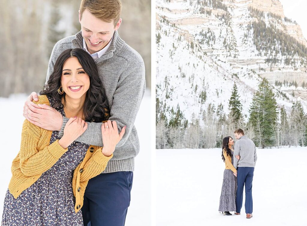 A winter engagement session of a couple smiling happily as they stand in the snow in Provo Canyon, Utah