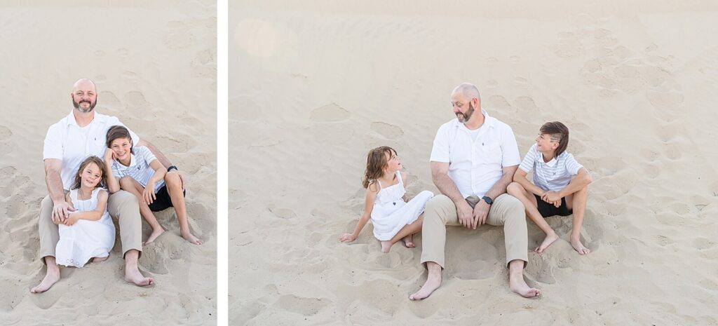 a father and his daughter and son smile at each other while sitting in the shade at the base of a sand dune at Little Sahara