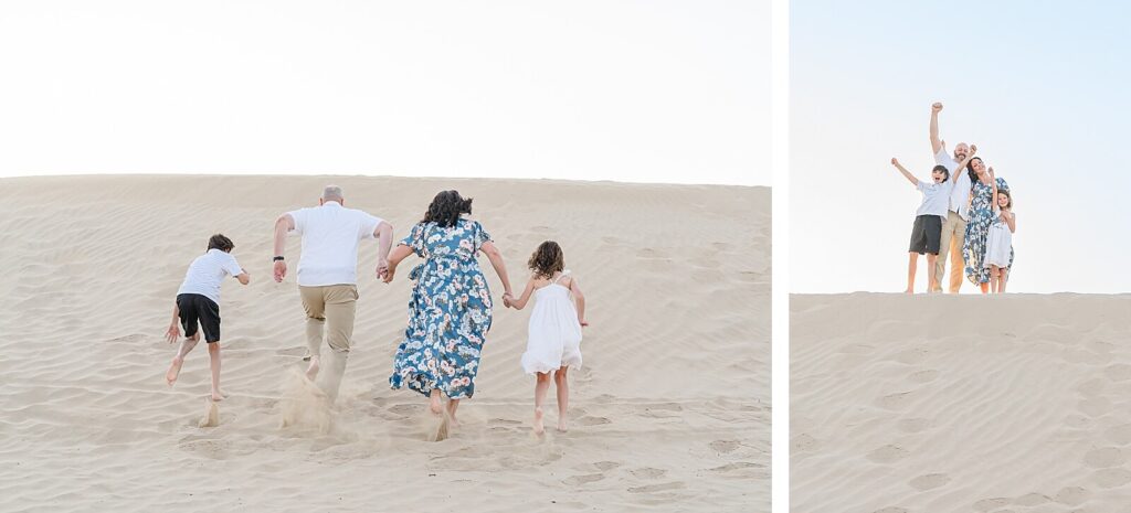 a mother, father, son, and daughter run up a sand dune at little sahara in Nephi, Utah