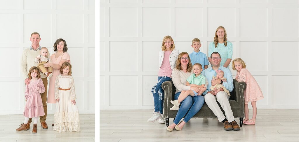 two families smile for their family portraits at the Blank Space Studios in American Fork