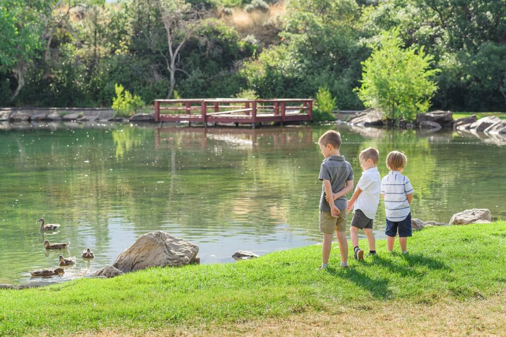 a boy and his two toddler brothers stand at the grassy shore of a pond looking at ducks at Highland Glenn Park